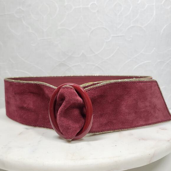 VTG Yves Saint Laurent Suede Belt 75/30 Burgundy Red Bakelite Buckle Gold Trim main image 13